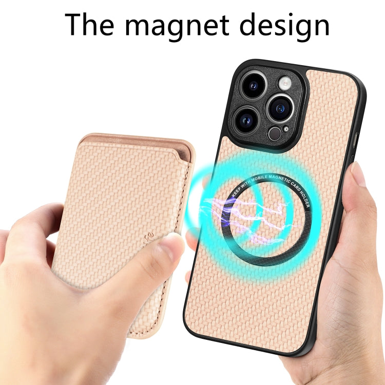 For iPhone 13 Pro Carbon Fiber Leather Card Magsafe Magnetic Phone Case(Khaki) by buy2fix