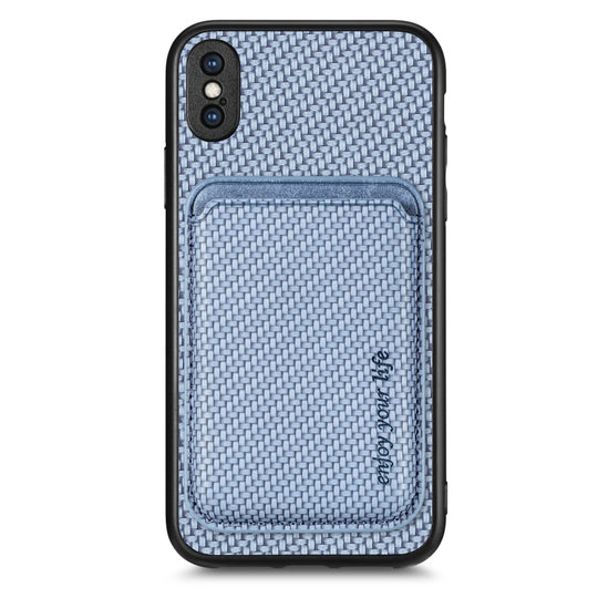 For iPhone X / XS Carbon Fiber Leather Card Magsafe Magnetic Phone Case(Blue)