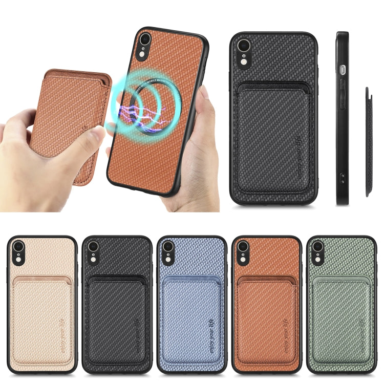 For iPhone XR Carbon Fiber Leather Card Magsafe Magnetic Phone Case(Khaki) by buy2fix