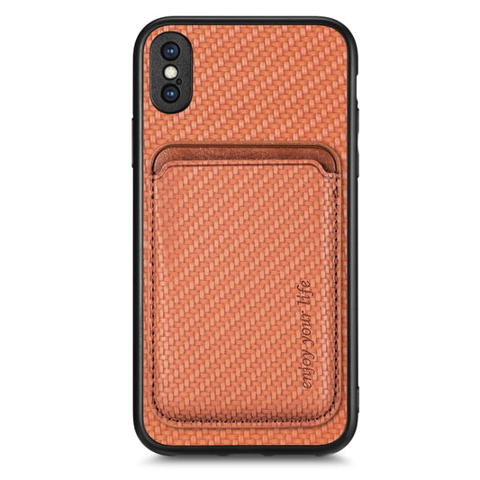 For iPhone XS Max Carbon Fiber Leather Card Magsafe Magnetic Phone Case(Brown) by buy2fix