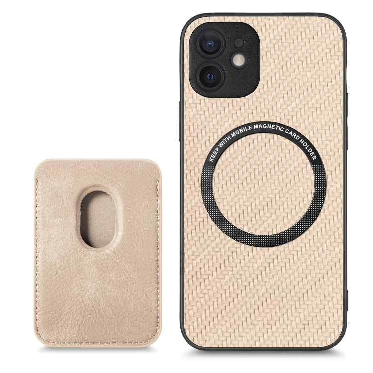For iPhone 12 mini Carbon Fiber Leather Card Magsafe Magnetic Phone Case(Khaki) by buy2fix