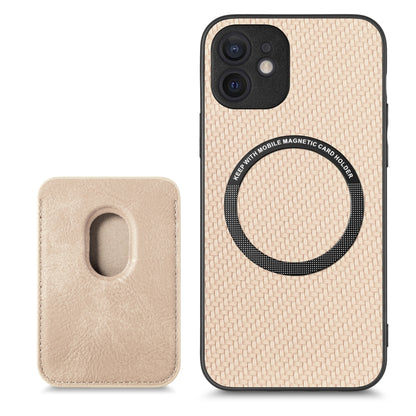 For iPhone 12 mini Carbon Fiber Leather Card Magsafe Magnetic Phone Case(Khaki) by buy2fix