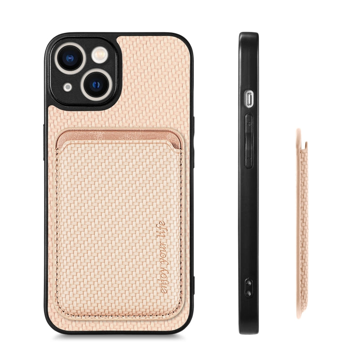 For iPhone 13 mini Carbon Fiber Leather Card Magsafe Magnetic Phone Case(Khaki) by buy2fix
