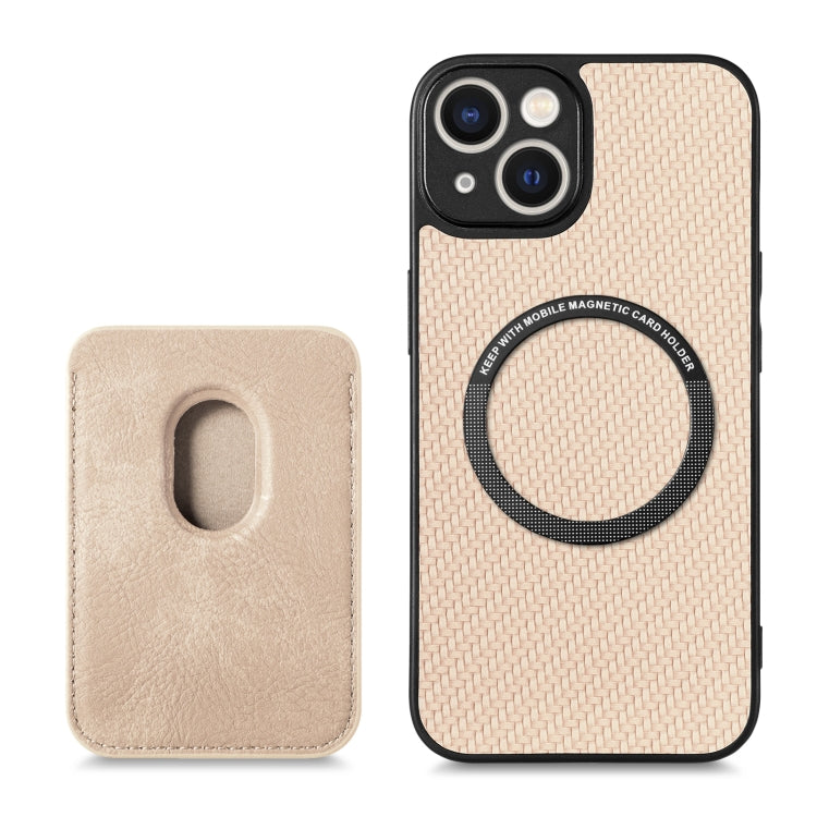 For iPhone 13 mini Carbon Fiber Leather Card Magsafe Magnetic Phone Case(Khaki) by buy2fix