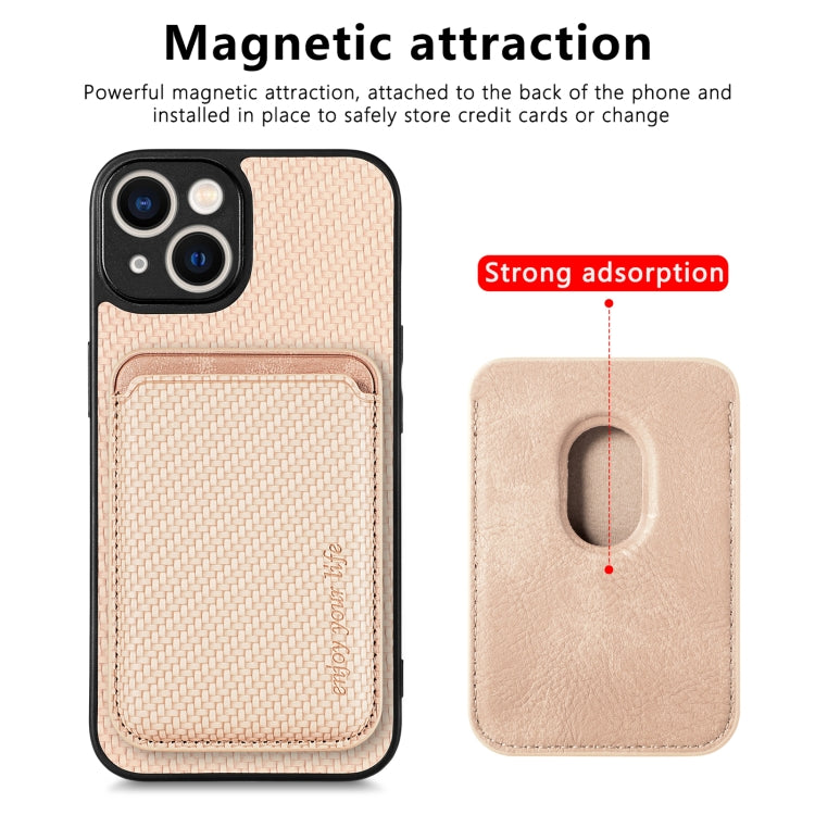 For iPhone 13 mini Carbon Fiber Leather Card Magsafe Magnetic Phone Case(Khaki) by buy2fix