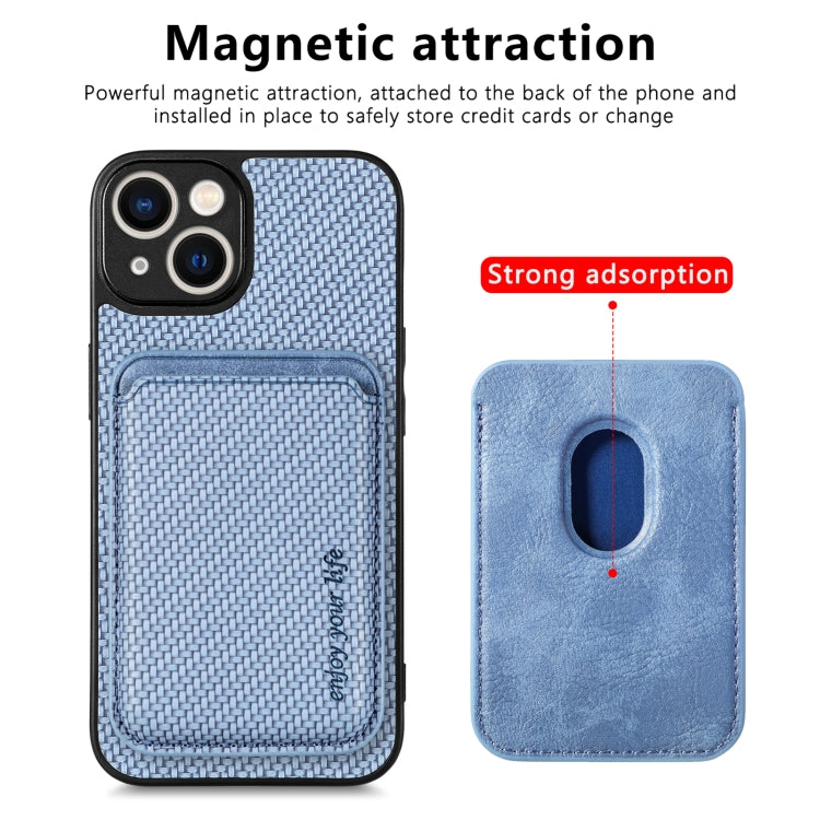 For iPhone 14 Carbon Fiber Leather Card Magsafe Magnetic Phone Case(Blue) by buy2fix