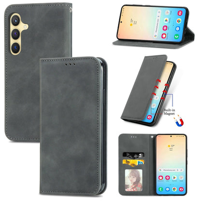 For Samsung Galaxy S25 5G Retro Skin Feel Magnetic Leather Phone Case(Gray) by buy2fix