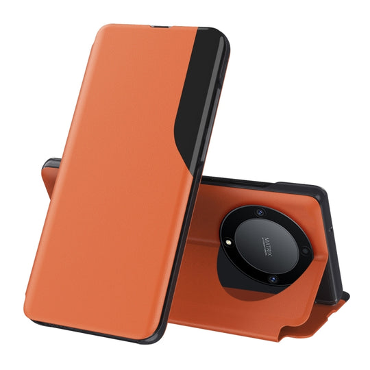 Pour l'étui de téléphone en cuir d'adsorption d'affichage latéral Honor X9A (orange)