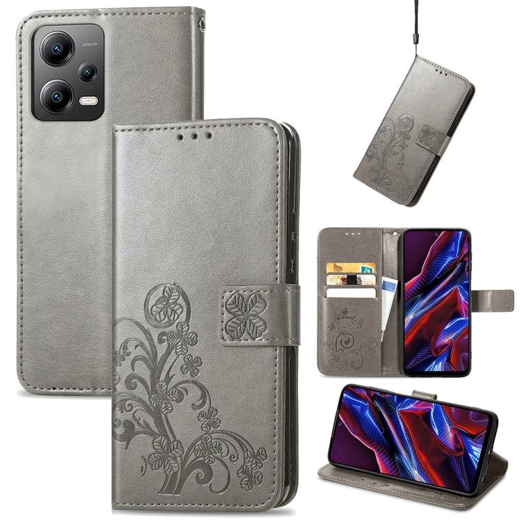 For Xiaomi Poco X5 Four-leaf Clasp Embossed Leather Phone Case(Gray) - Xiaomi Cases by buy2fix | Online Shopping UK | buy2fix