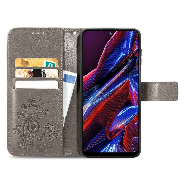 For Xiaomi Poco X5 Four-leaf Clasp Embossed Leather Phone Case(Gray) - Xiaomi Cases by buy2fix | Online Shopping UK | buy2fix