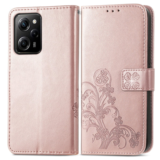 For Xiaomi Poco X5 Pro Four-leaf Clasp Embossed Leather Phone Case(Rose Gold) - Xiaomi Cases by buy2fix | Online Shopping UK | buy2fix