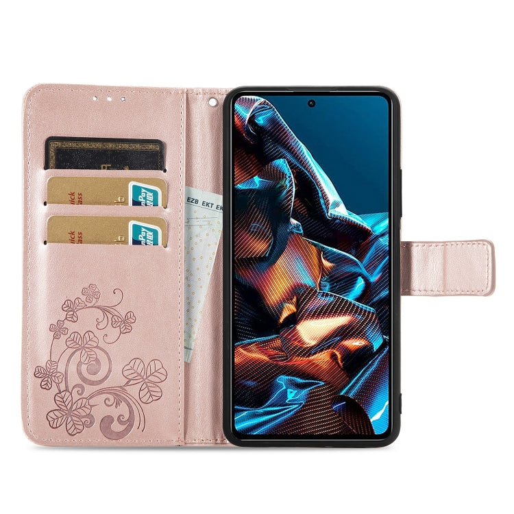 For Xiaomi Poco X5 Pro Four-leaf Clasp Embossed Leather Phone Case(Rose Gold) - Xiaomi Cases by buy2fix | Online Shopping UK | buy2fix
