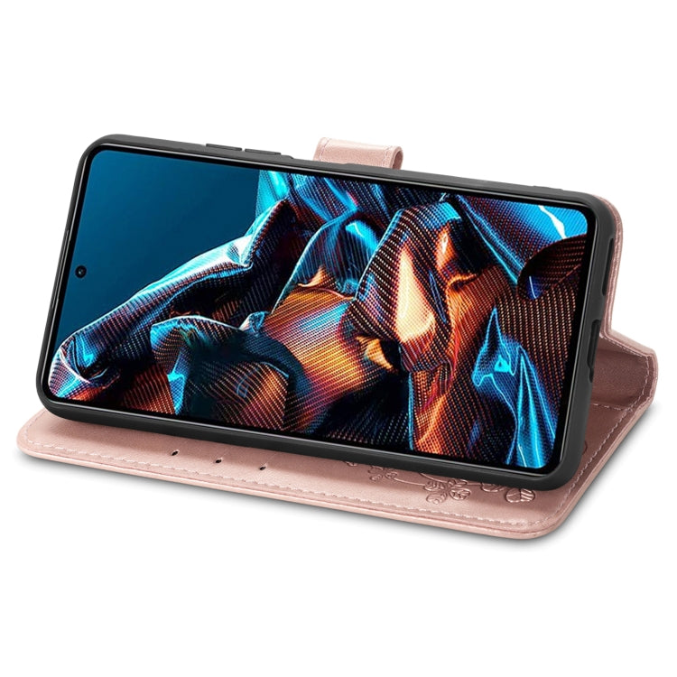 For Xiaomi Poco X5 Pro Four-leaf Clasp Embossed Leather Phone Case(Rose Gold) - Xiaomi Cases by buy2fix | Online Shopping UK | buy2fix