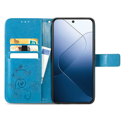 For Xiaomi 14 Four-leaf Clasp Embossed Leather Phone Case(Blue) - Xiaomi Cases by buy2fix | Online Shopping UK | buy2fix