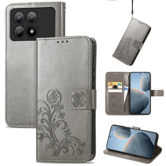 For Xiaomi Redmi K70E Four-leaf Clasp Embossed Leather Phone Case(Gray) - Xiaomi Cases by buy2fix | Online Shopping UK | buy2fix