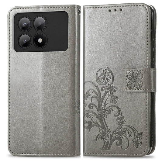 For Xiaomi Redmi K70E Four-leaf Clasp Embossed Leather Phone Case(Gray) - Xiaomi Cases by buy2fix | Online Shopping UK | buy2fix