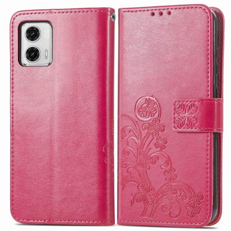 For Motorola Moto G73 Four-leaf Clasp Embossed Buckle Leather Phone Case(Magenta) by buy2fix