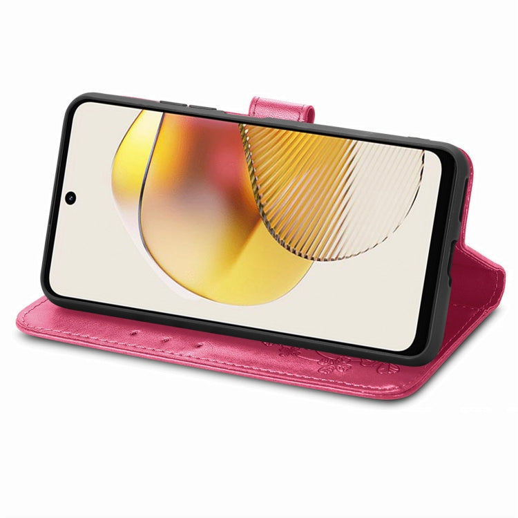 For Motorola Moto G73 Four-leaf Clasp Embossed Buckle Leather Phone Case(Magenta) by buy2fix