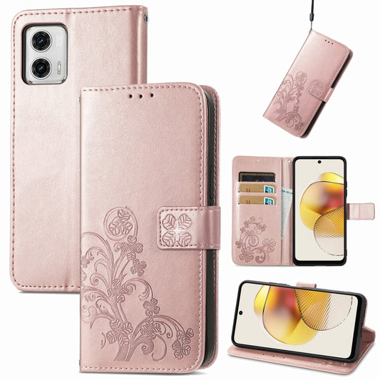 For Motorola Moto G73 Four-leaf Clasp Embossed Buckle Leather Phone Case(Rose Gold) - Motorola Cases by buy2fix | Online Shopping UK | buy2fix
