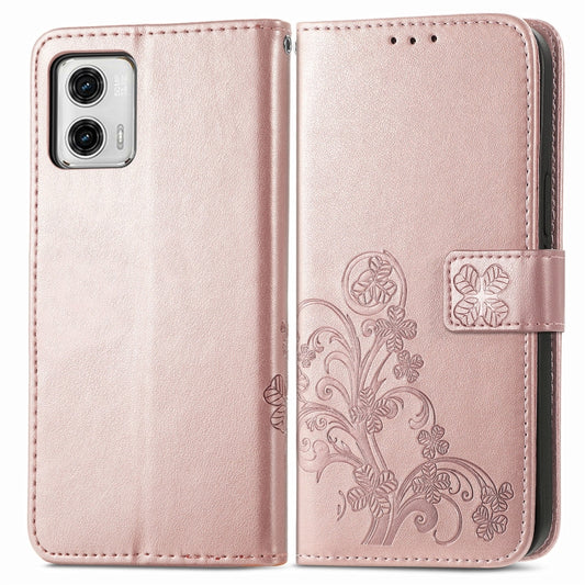 For Motorola Moto G73 Four-leaf Clasp Embossed Buckle Leather Phone Case(Rose Gold) - Motorola Cases by buy2fix | Online Shopping UK | buy2fix