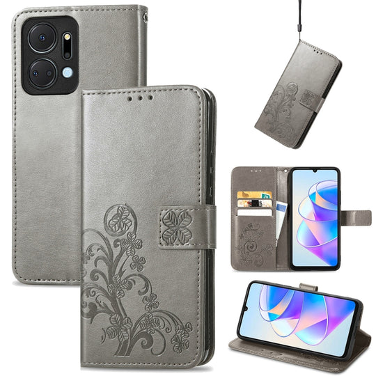 For Honor X7a Four-leaf Clasp Embossed Leather Phone Case(Gray)