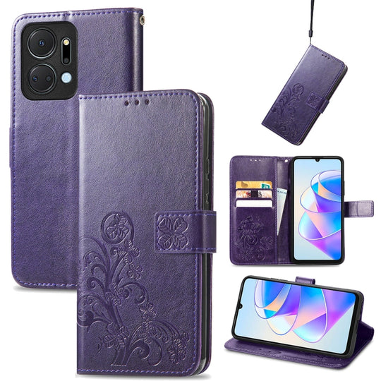 Pour Honor X7a Fermoir à quatre feuilles Boucle en relief Étui de téléphone en cuir (Violet)