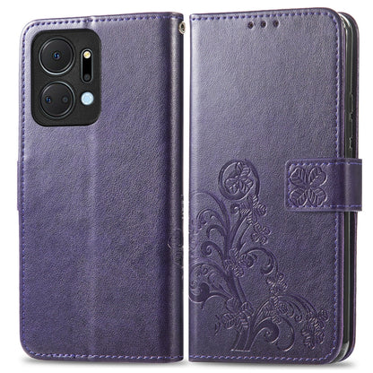 For Honor X7a Four-leaf Clasp Embossed Leather Phone Case(Purple) - Honor Cases by buy2fix | Online Shopping UK | buy2fix