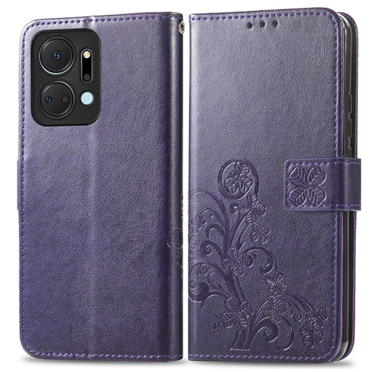 For Honor X7a Four-leaf Clasp Embossed Leather Phone Case(Purple) - Honor Cases by buy2fix | Online Shopping UK | buy2fix