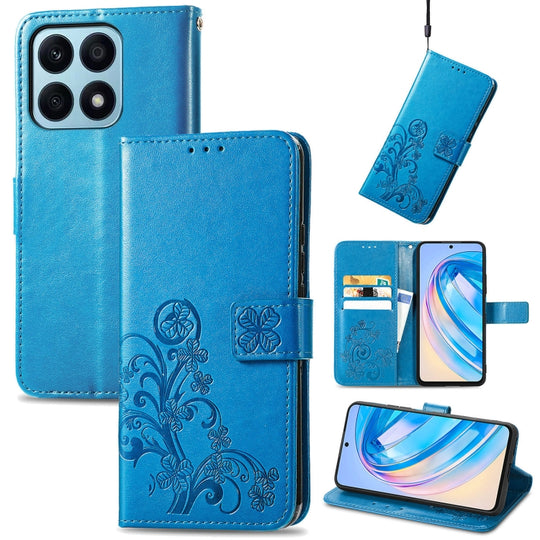 For Honor X8A Four-leaf Clasp Embossed Leather Phone Case(Blue)