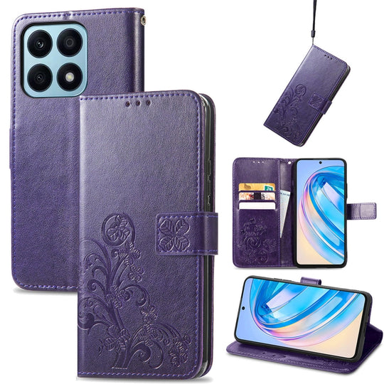For Honor X8A Four-leaf Clasp Embossed Leather Phone Case(Purple)