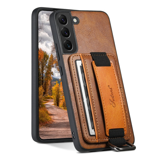 For Samsung Galaxy S22 5G Suteni H13 Card Wallet Wrist Strap Holder PU Phone Case(Brown)
