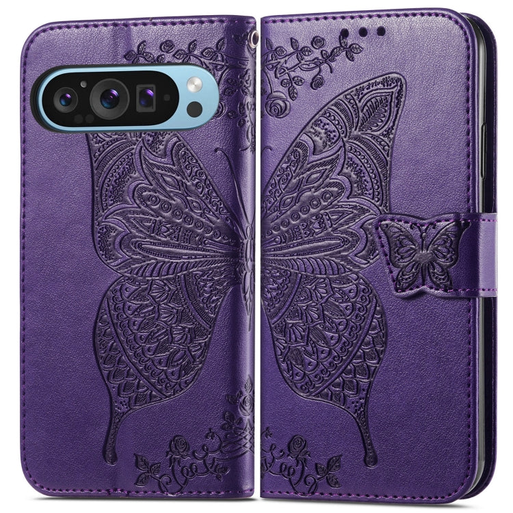 For Google Pixel 9 Butterfly Love Flower Embossed Leather Phone Case(Dark Purple) - Google Cases by buy2fix | Online Shopping UK | buy2fix