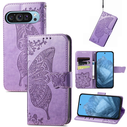 For Google Pixel 9 Butterfly Love Flower Embossed Leather Phone Case(Light Purple) by buy2fix