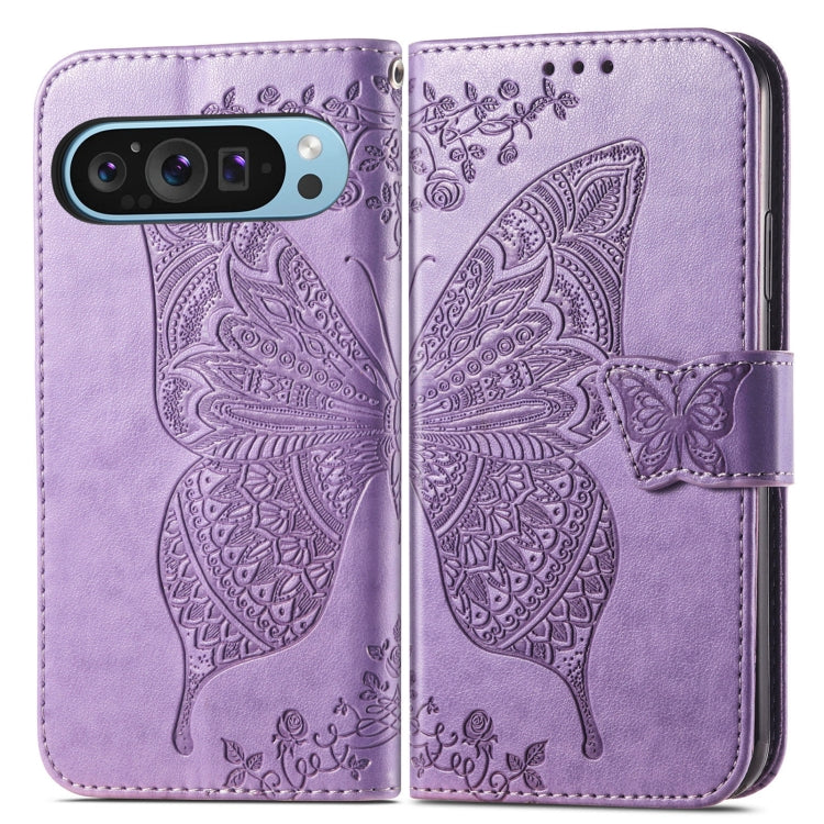 For Google Pixel 9 Butterfly Love Flower Embossed Leather Phone Case(Light Purple) by buy2fix