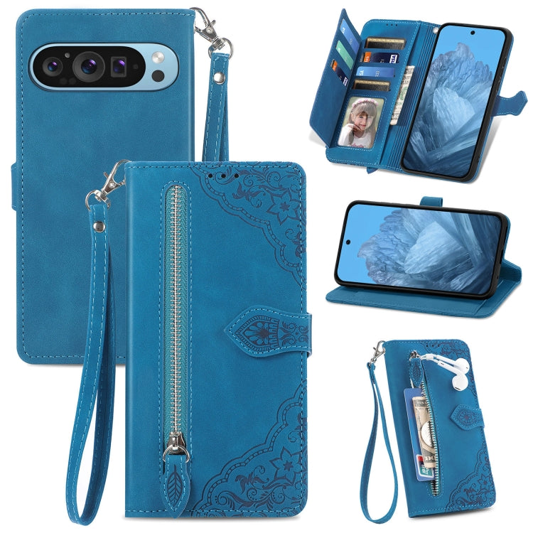 For Google Pixel 9 Pro Embossed Flower Zipper Leather Phone Case(Blue) by buy2fix