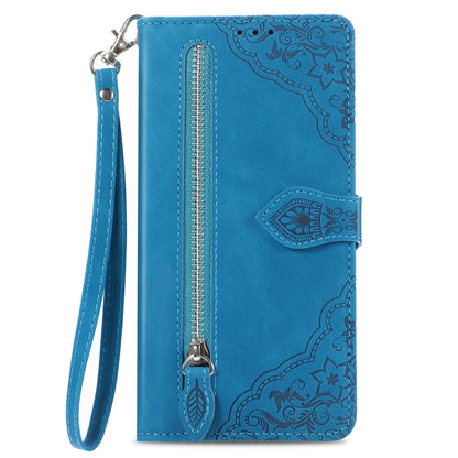 For Google Pixel 9 Pro Embossed Flower Zipper Leather Phone Case(Blue) by buy2fix