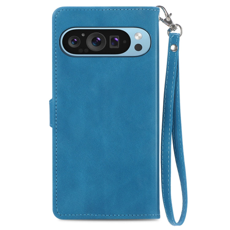 For Google Pixel 9 Pro Embossed Flower Zipper Leather Phone Case(Blue) by buy2fix