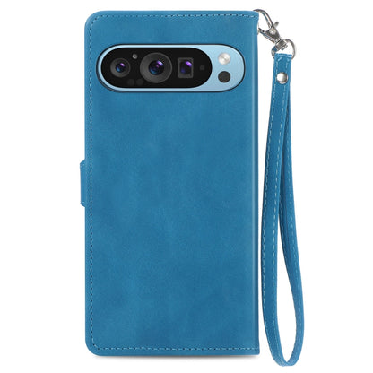 For Google Pixel 9 Pro Embossed Flower Zipper Leather Phone Case(Blue) by buy2fix