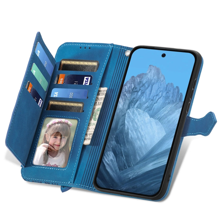 For Google Pixel 9 Pro Embossed Flower Zipper Leather Phone Case(Blue) by buy2fix