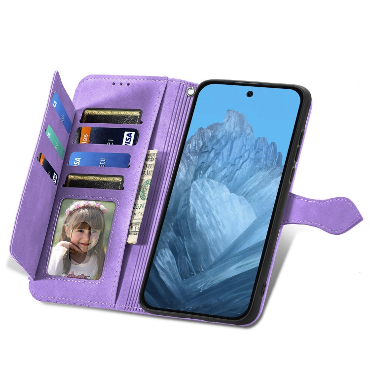For Google Pixel 9 Pro Embossed Flower Zipper Leather Phone Case(Purple) by buy2fix