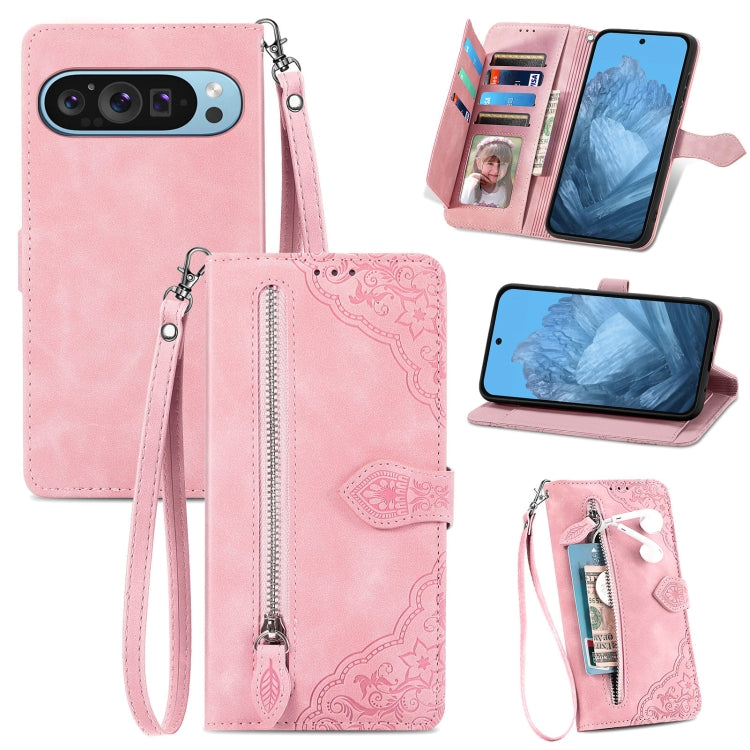 For Google Pixel 9 Pro Embossed Flower Zipper Leather Phone Case(Pink) by buy2fix