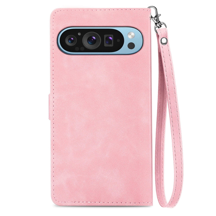 For Google Pixel 9 Pro Embossed Flower Zipper Leather Phone Case(Pink) by buy2fix