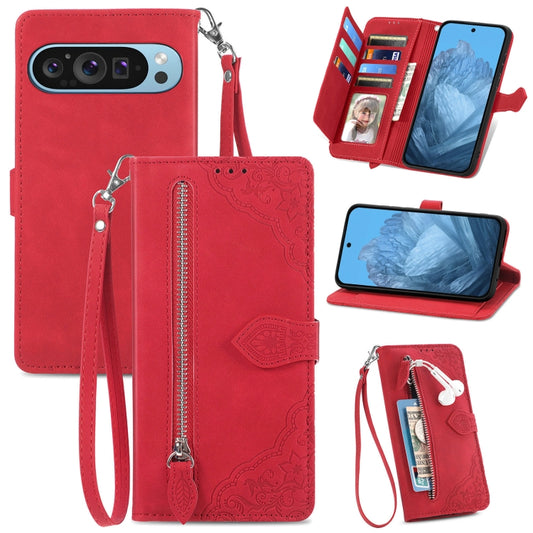 For Google Pixel 9 Pro Embossed Flower Zipper Leather Phone Case(Red) by buy2fix