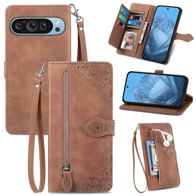 For Google Pixel 9 Embossed Flower Zipper Leather Phone Case(Brown) by buy2fix