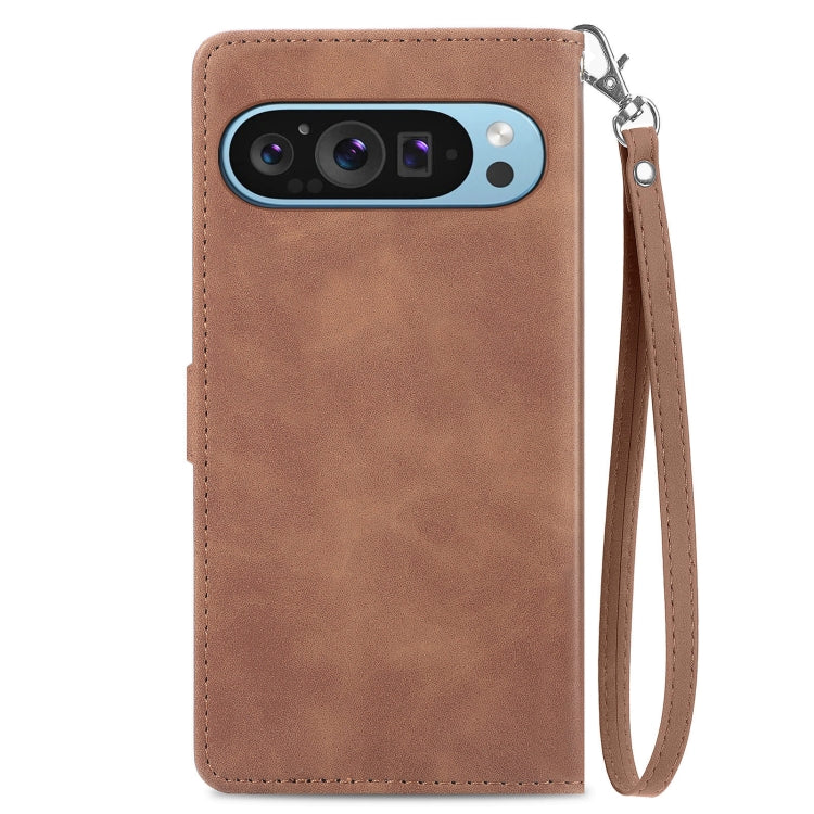 For Google Pixel 9 Embossed Flower Zipper Leather Phone Case(Brown) by buy2fix