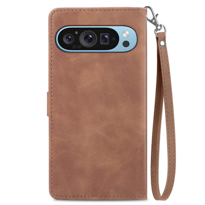 For Google Pixel 9 Embossed Flower Zipper Leather Phone Case(Brown) by buy2fix