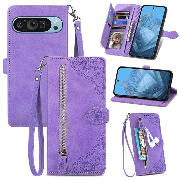 For Google Pixel 9 Embossed Flower Zipper Leather Phone Case(Purple) by buy2fix