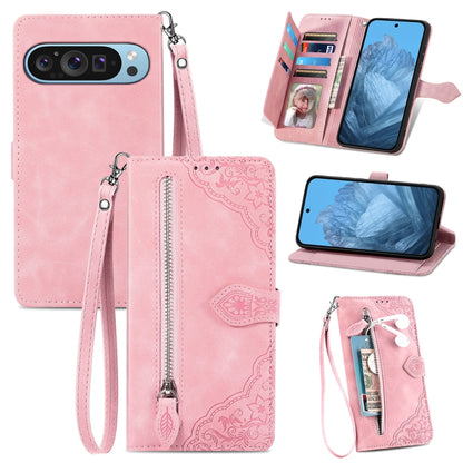 For Google Pixel 9 Embossed Flower Zipper Leather Phone Case(Pink) by buy2fix