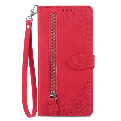 For Google Pixel 9 Embossed Flower Zipper Leather Phone Case(Red) by buy2fix