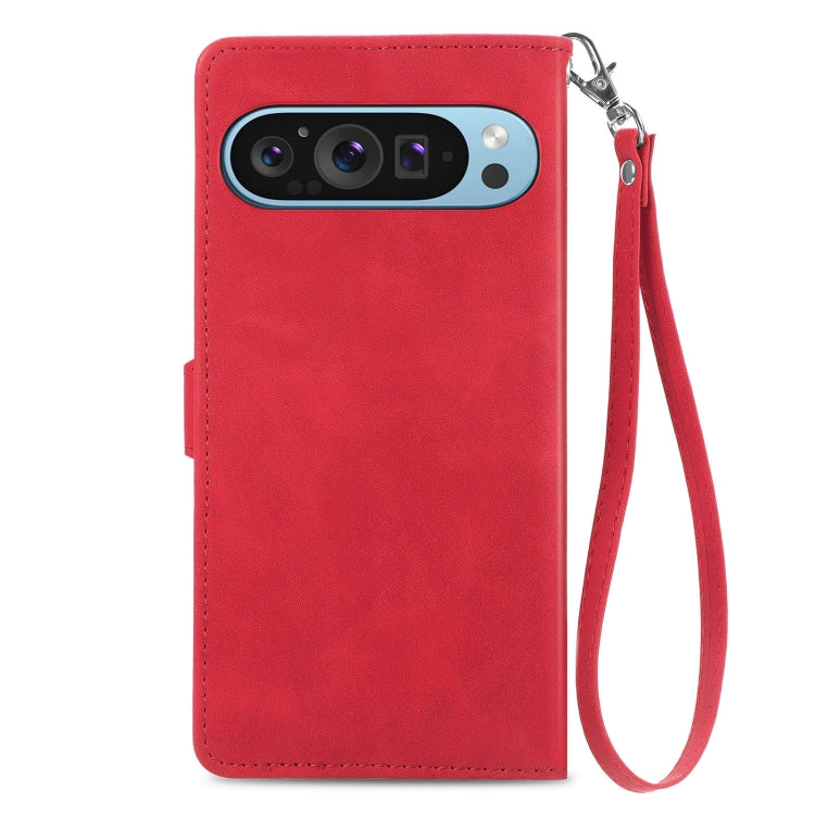 For Google Pixel 9 Embossed Flower Zipper Leather Phone Case(Red) by buy2fix